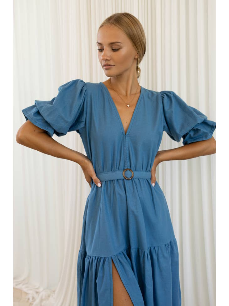 Peony Midi Linen Dress - Persian Blue