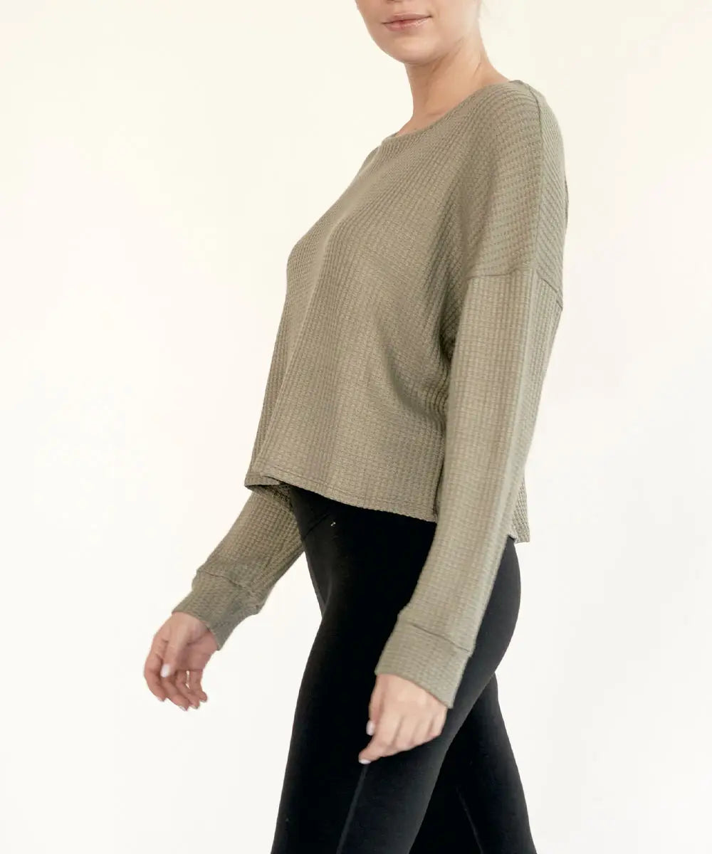 S.K. Loose Fit Waffle Crop - Olive