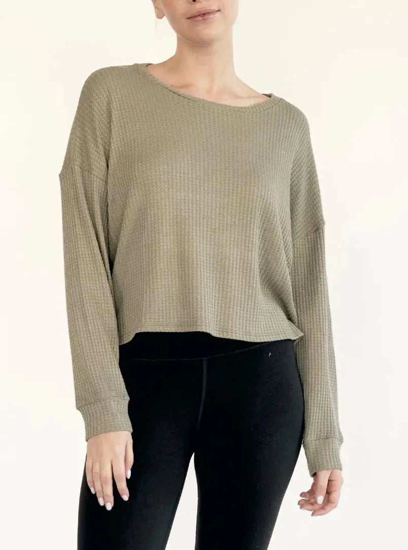 S.K. Loose Fit Waffle Crop - Olive
