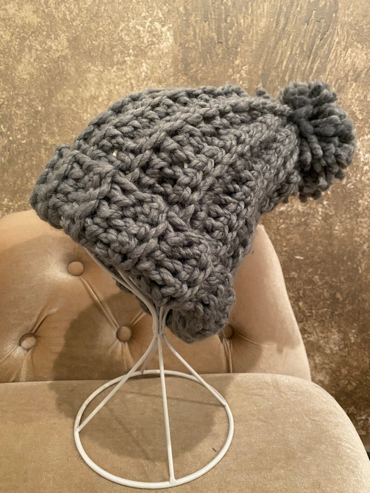 April Hand Crochet Light Grey Hat With Pom